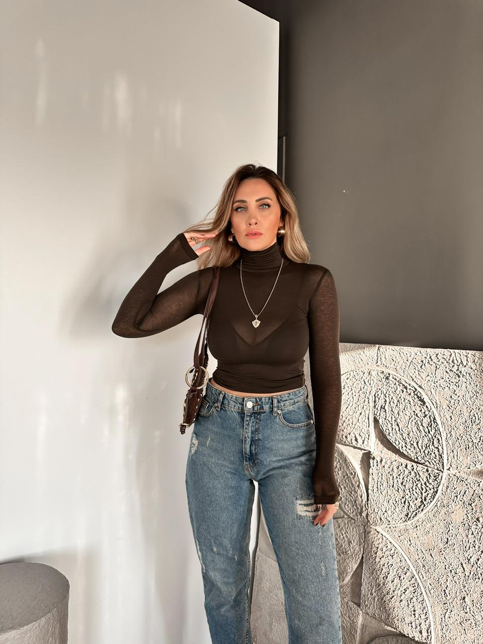 Kahve Transparan Likralı Body
