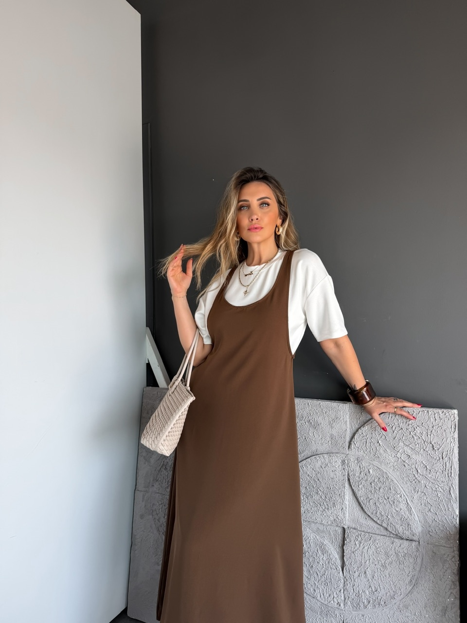 Kahve Tshirtlü Askılı Basic Elbise