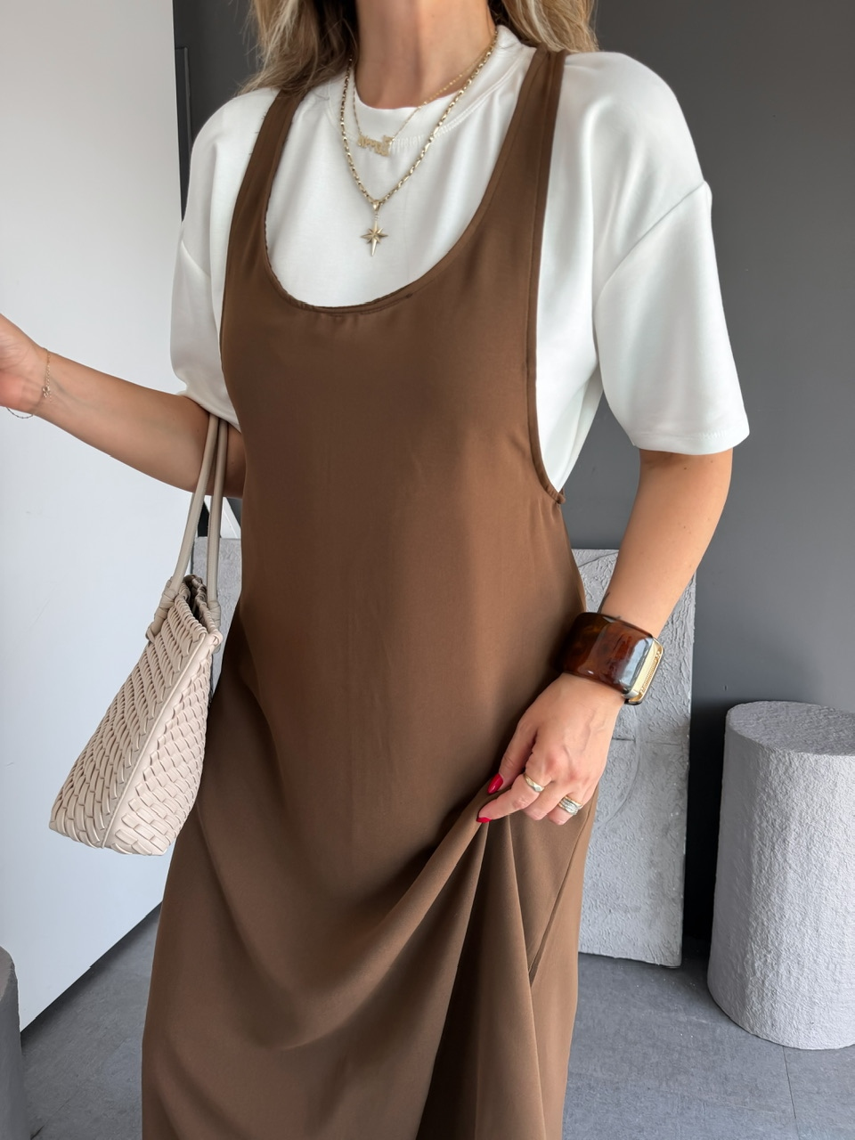 Kahve Tshirtlü Askılı Basic Elbise