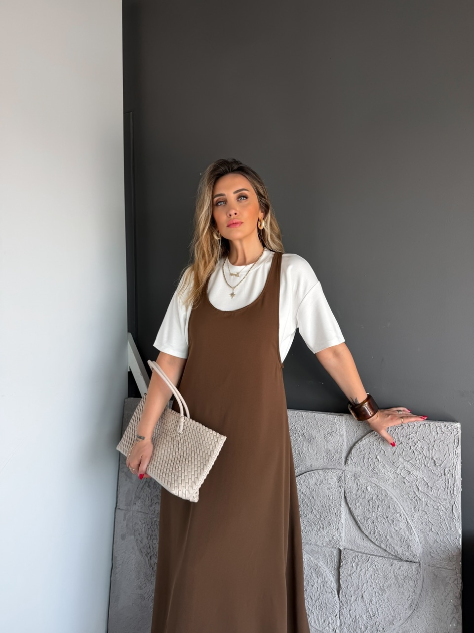 Kahve Tshirtlü Askılı Basic Elbise