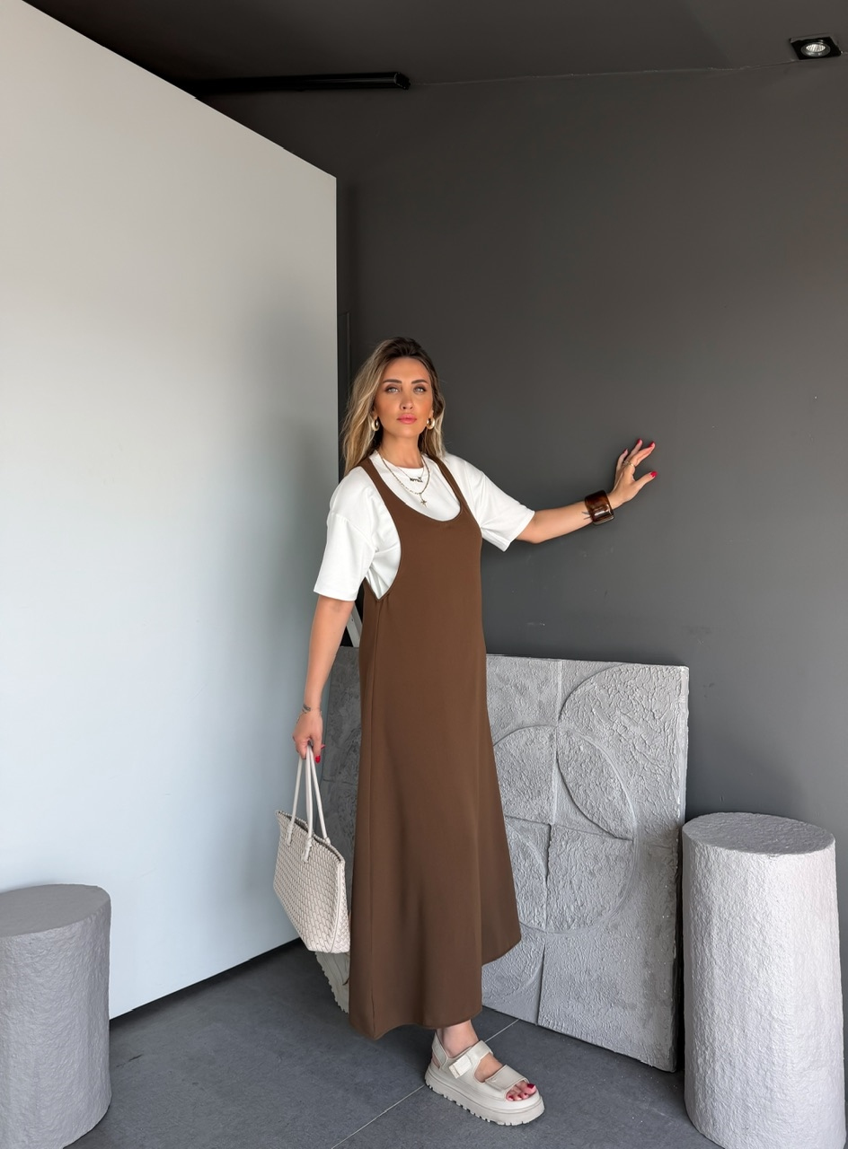 Kahve Tshirtlü Askılı Basic Elbise