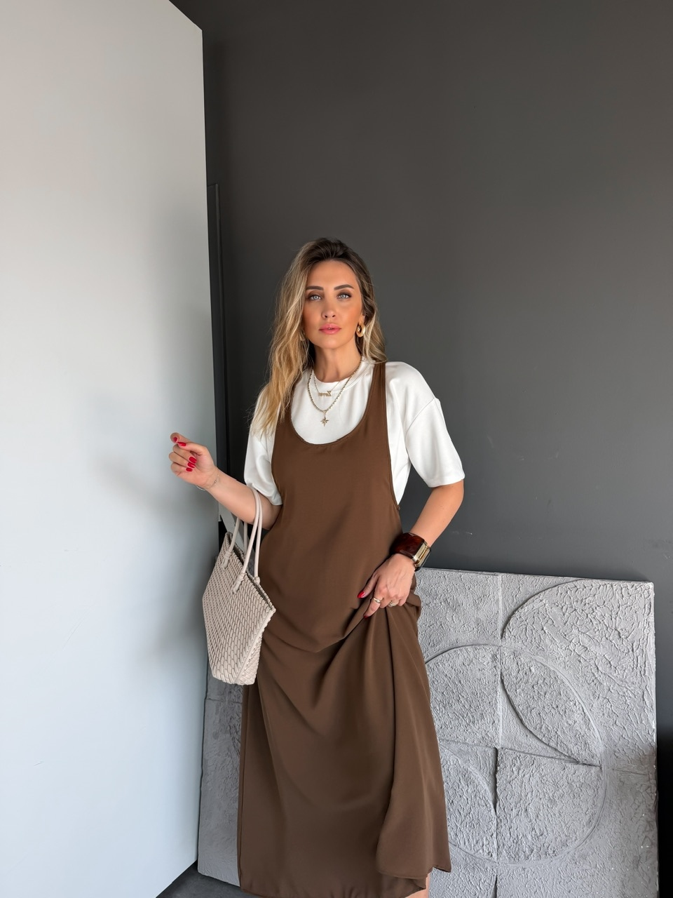 Kahve Tshirtlü Askılı Basic Elbise
