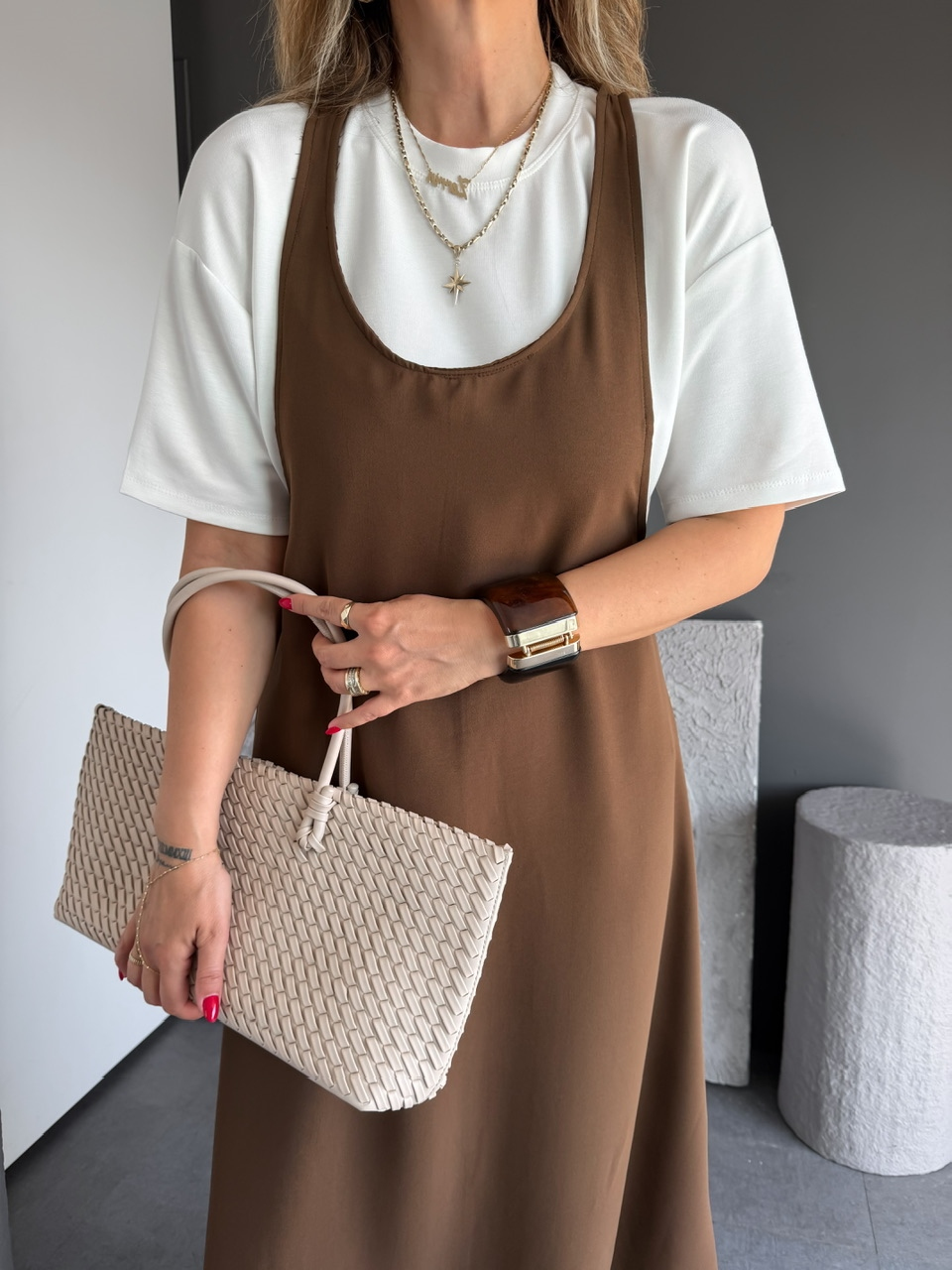 Kahve Tshirtlü Askılı Basic Elbise