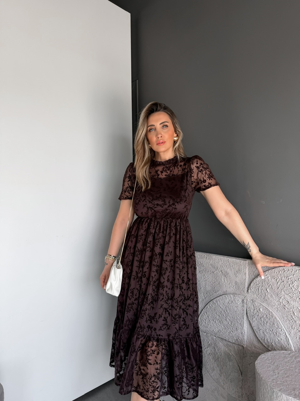 Kahve Tül Çiçek Desenli Elbise