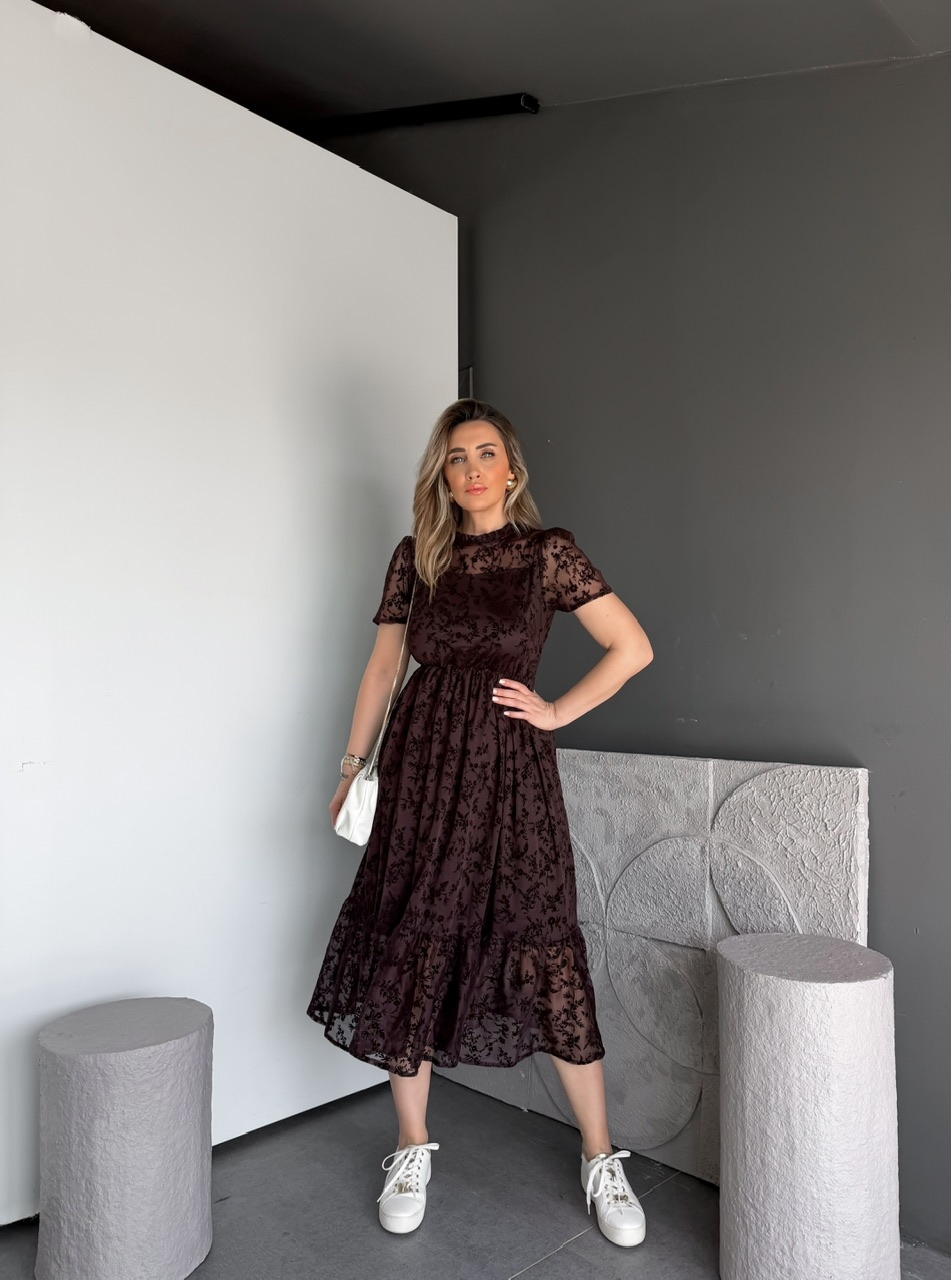 Kahve Tül Çiçek Desenli Elbise