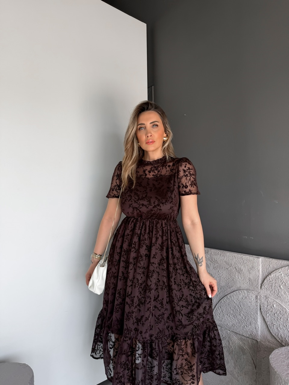Kahve Tül Çiçek Desenli Elbise