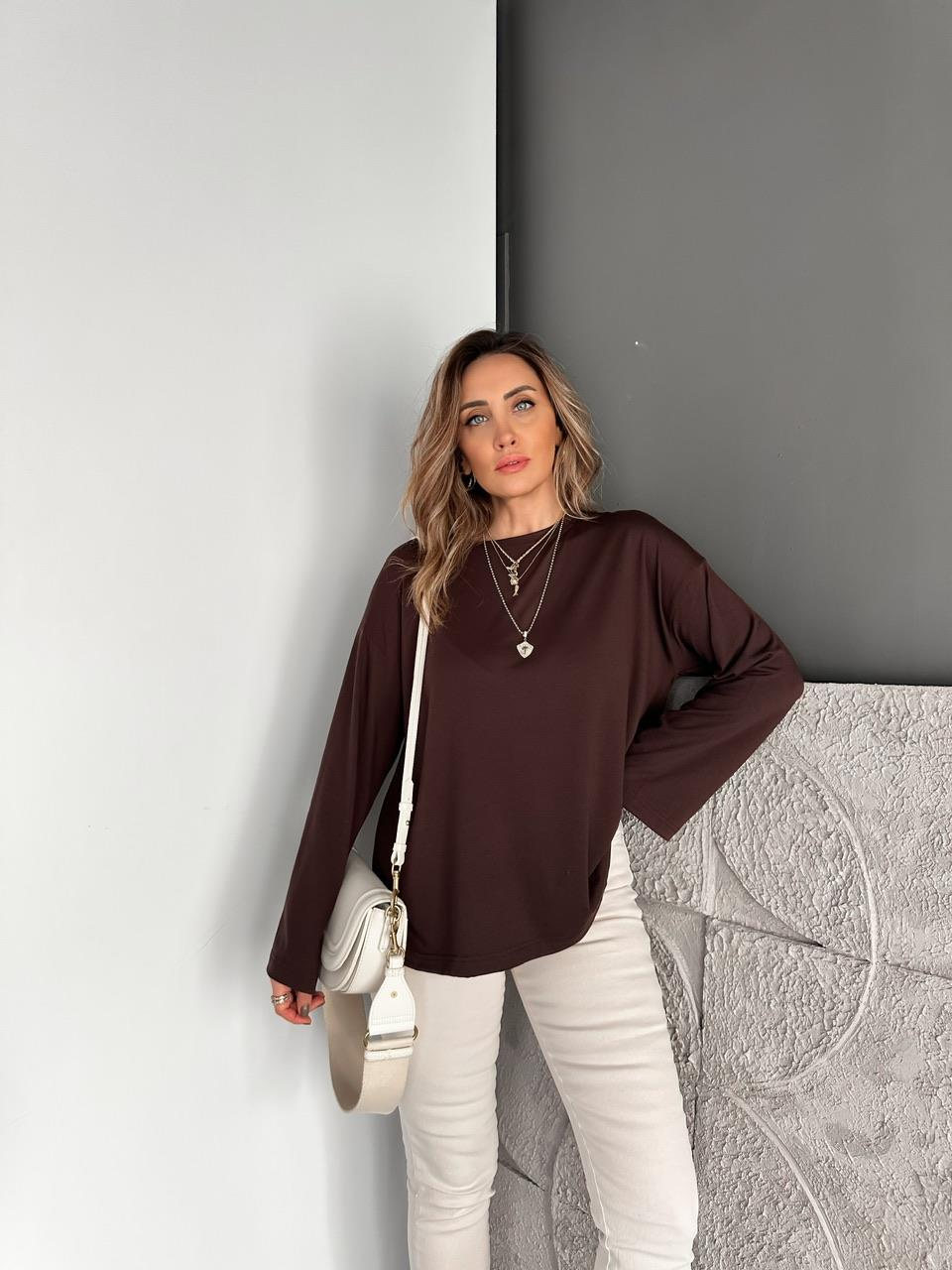 Kahve Uzun Kol Salaş Tshirt