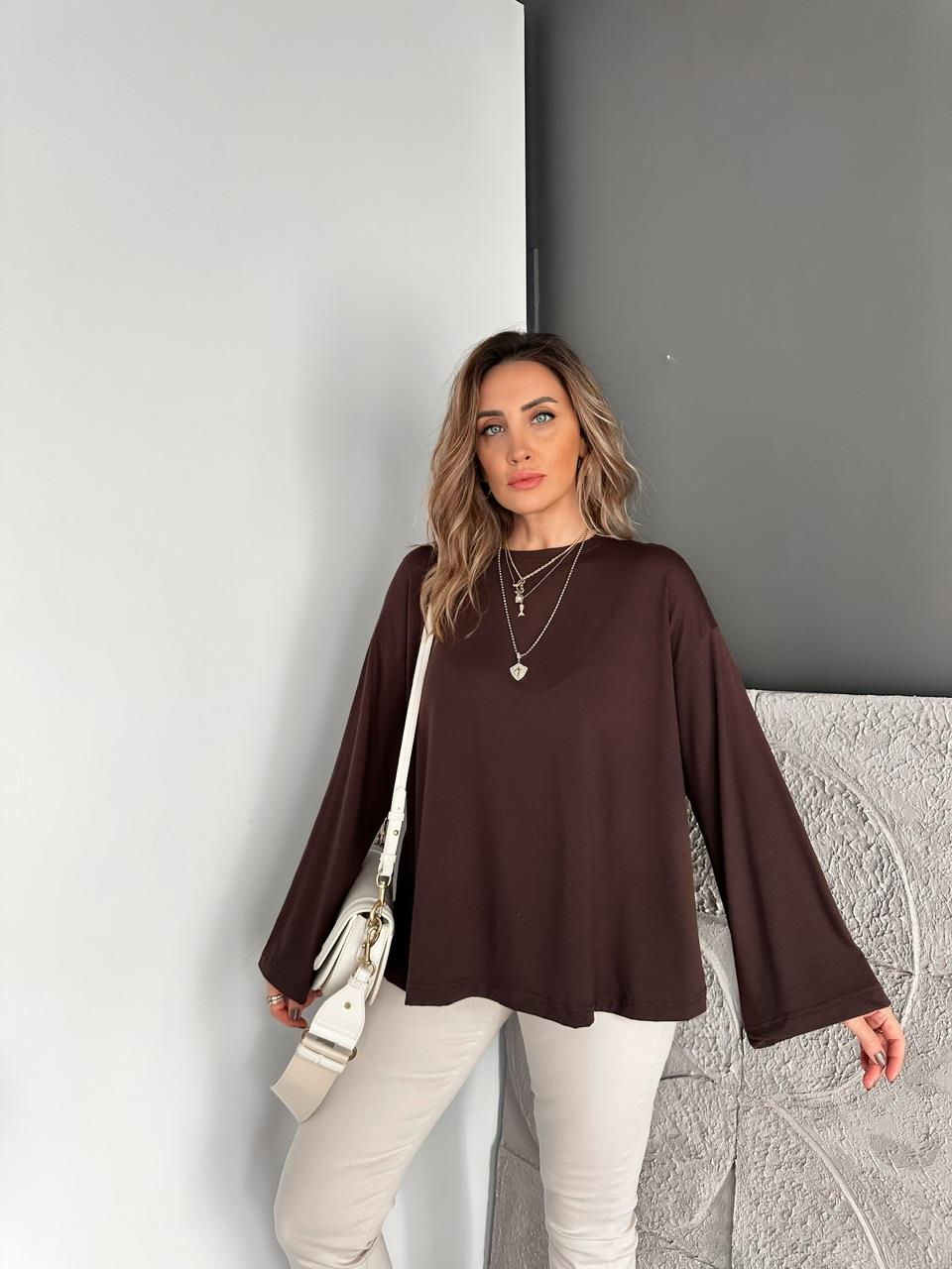 Kahve Uzun Kol Salaş Tshirt