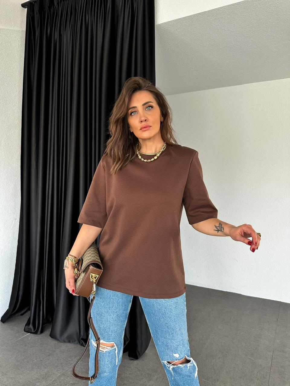 Kahve Vatkalı Cotton Tshirt