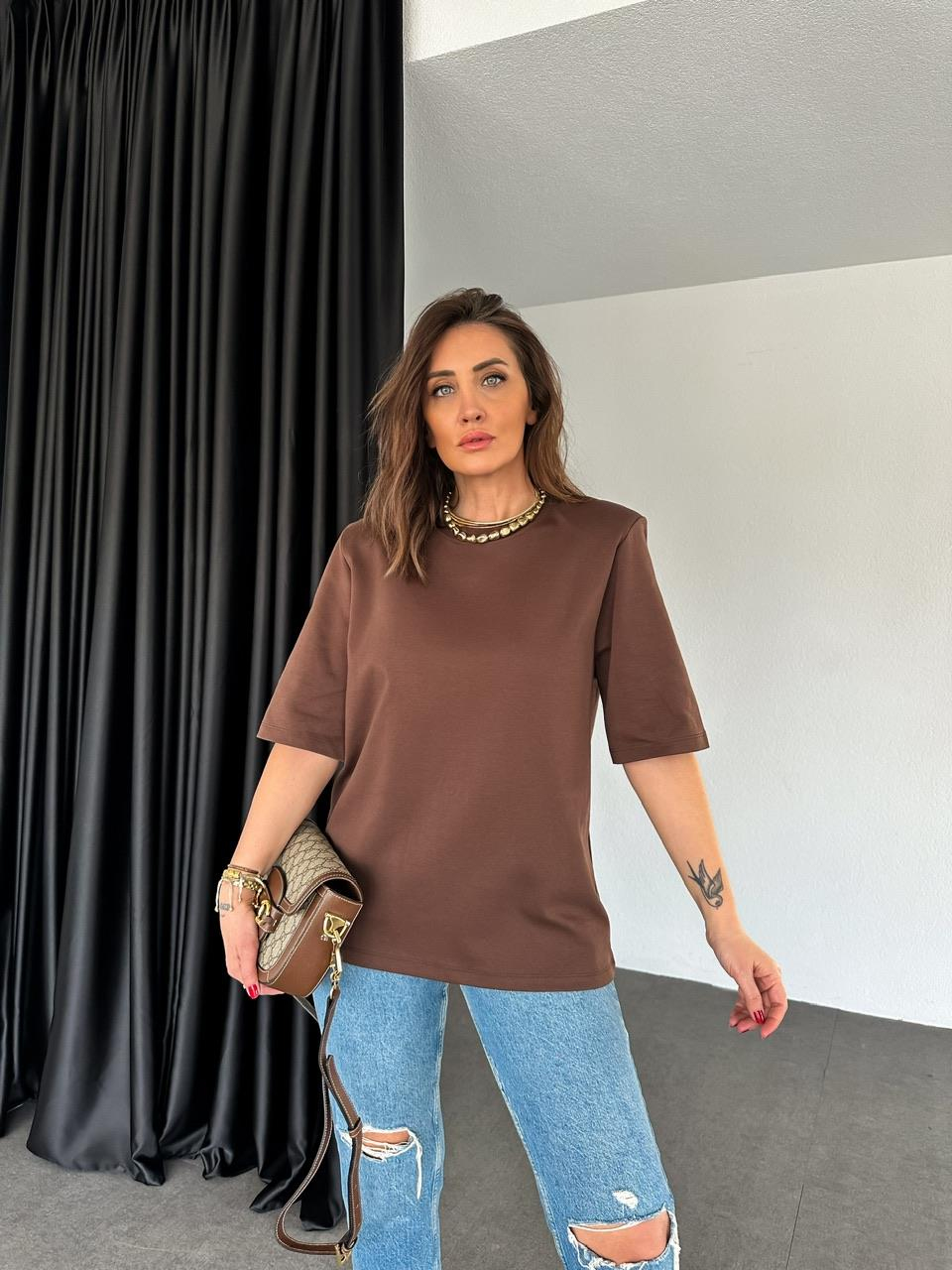 Kahve Vatkalı Cotton Tshirt