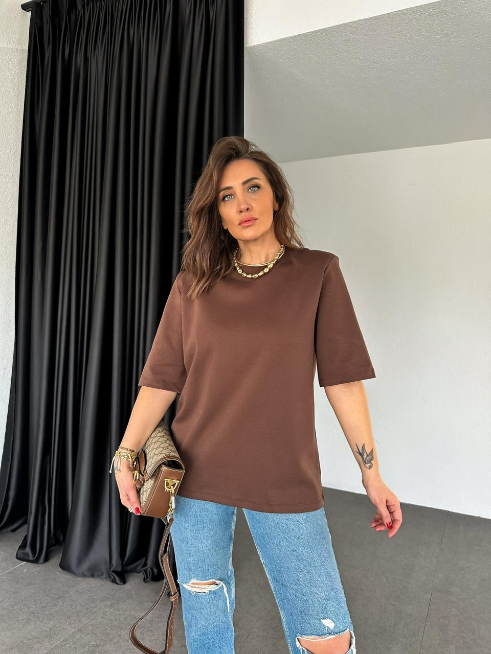 Kahve Vatkalı Cotton Tshirt