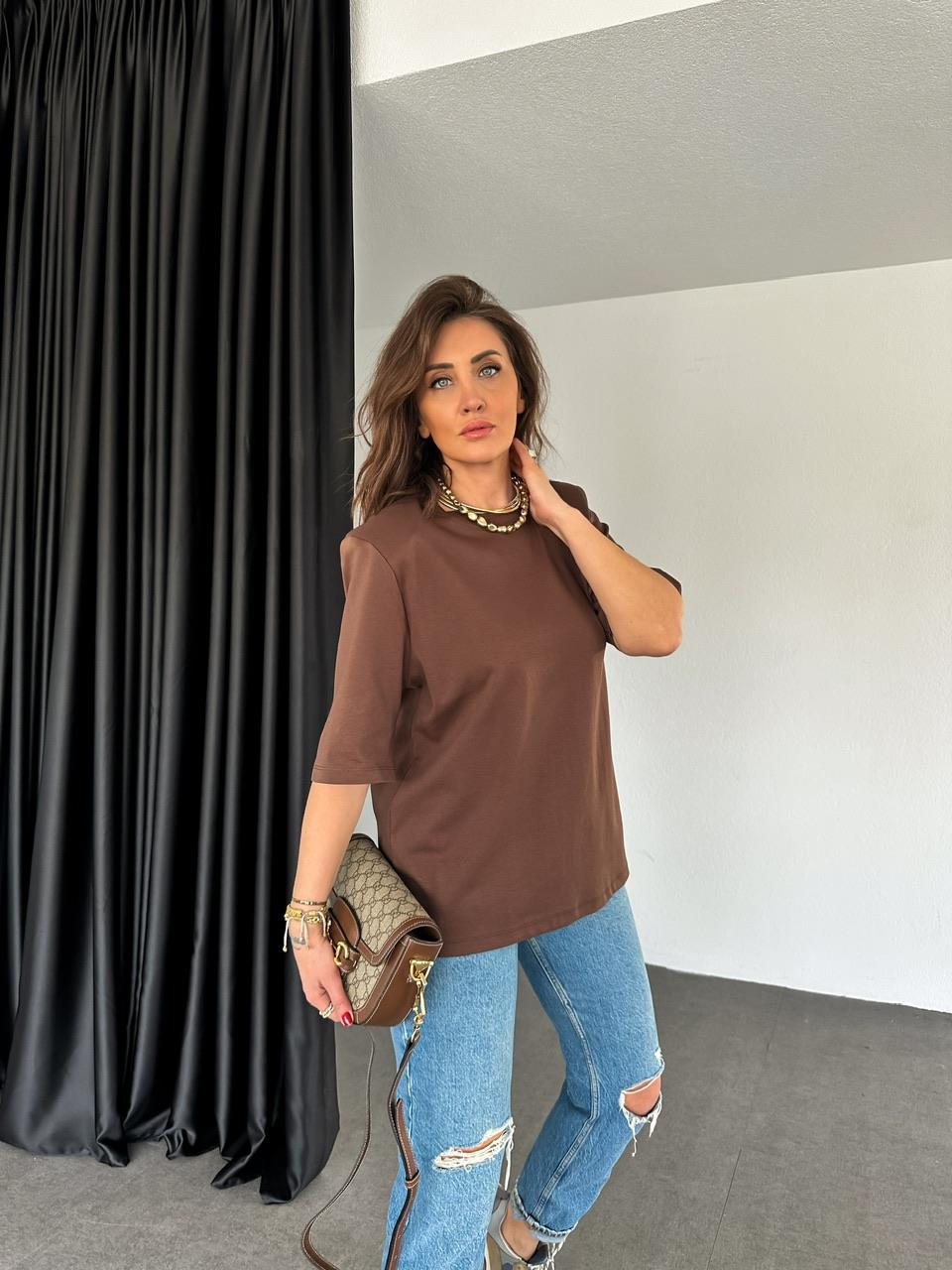 Kahve Vatkalı Cotton Tshirt