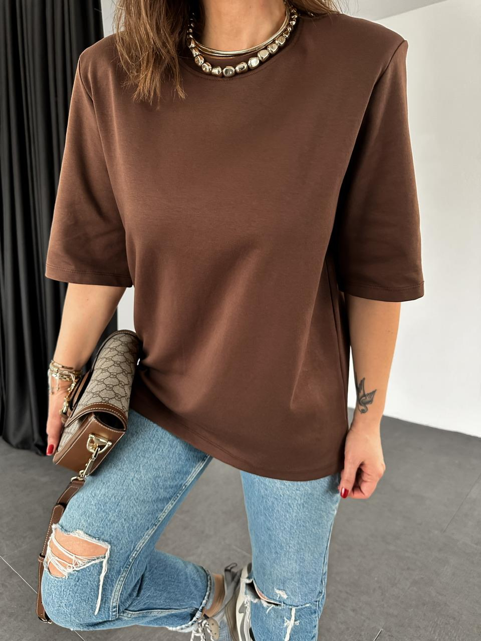 Kahve Vatkalı Cotton Tshirt