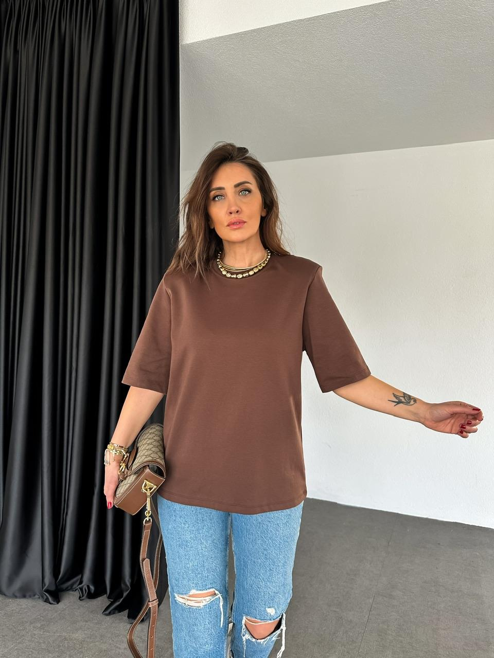 Kahve Vatkalı Cotton Tshirt