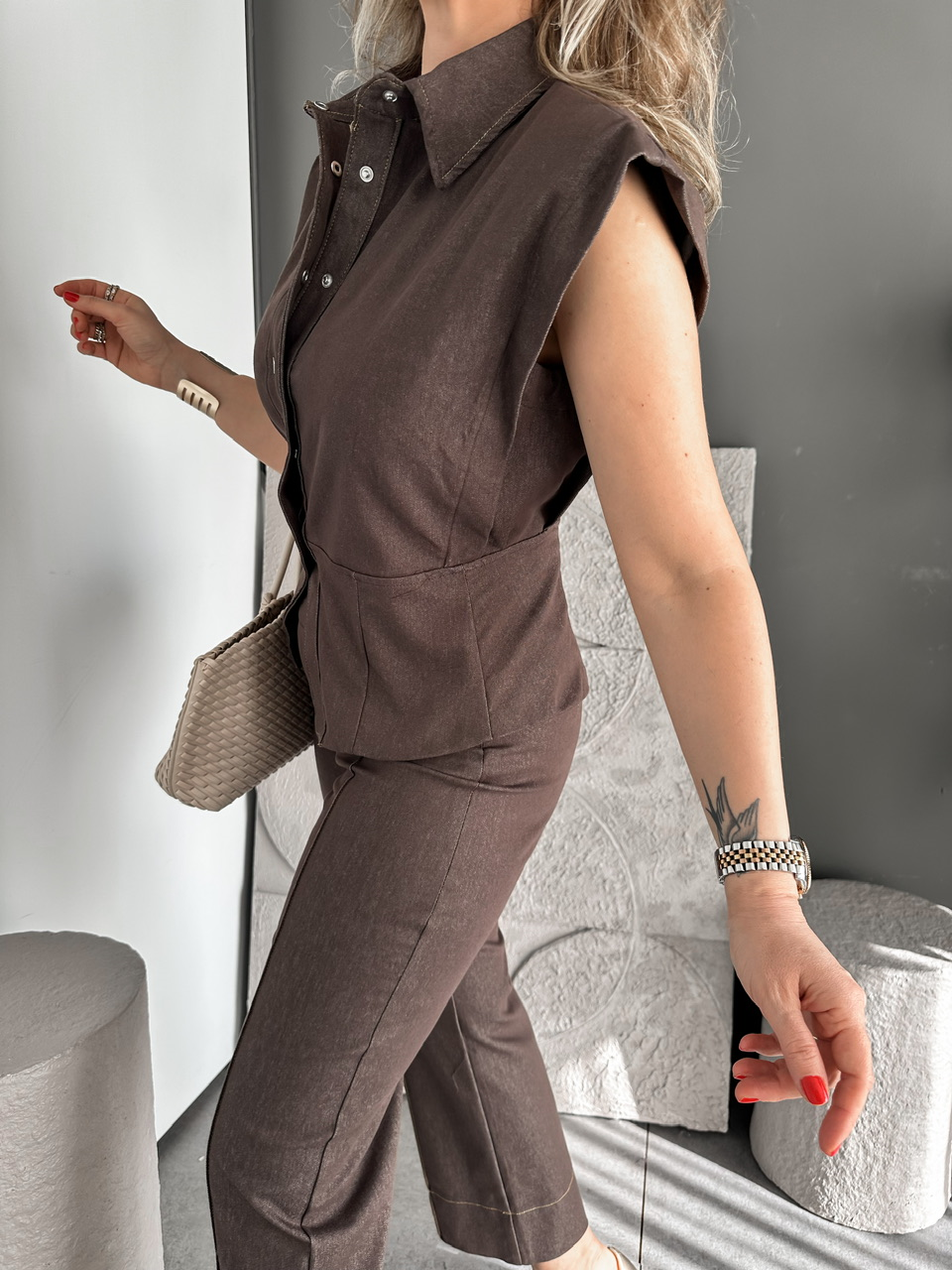 Kahve Vatkalı Likralı Kot Takım