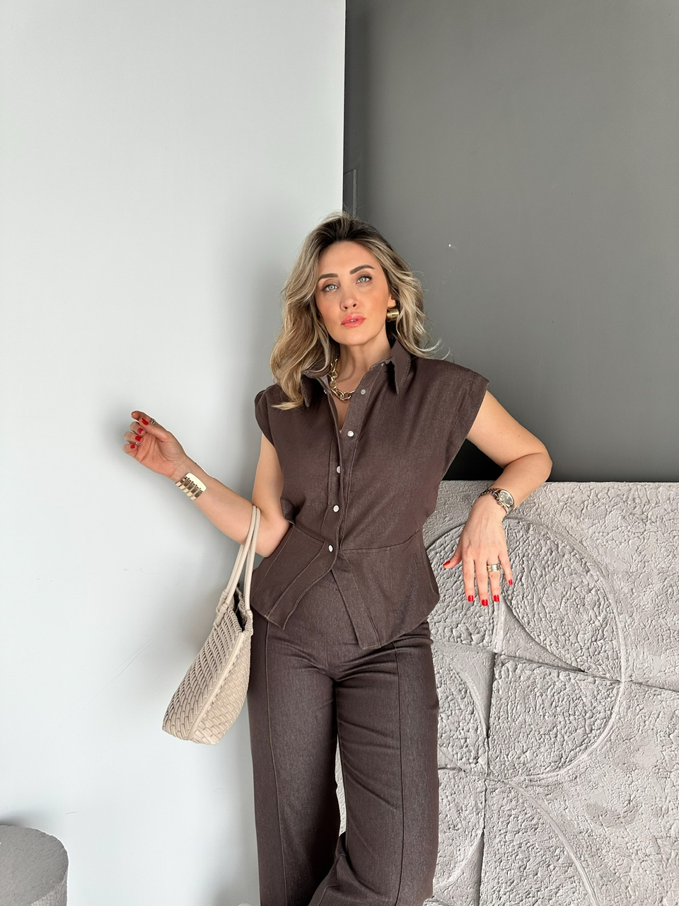 Kahve Vatkalı Likralı Kot Takım