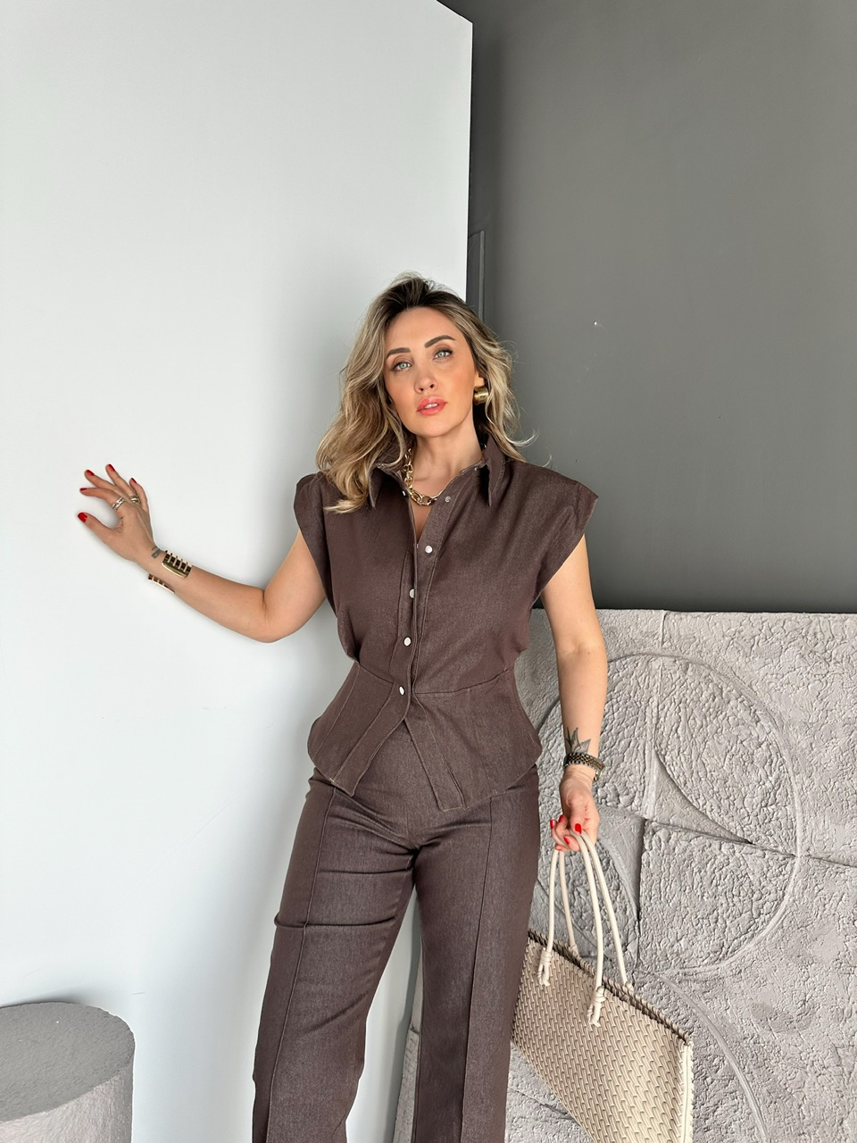 Kahve Vatkalı Likralı Kot Takım