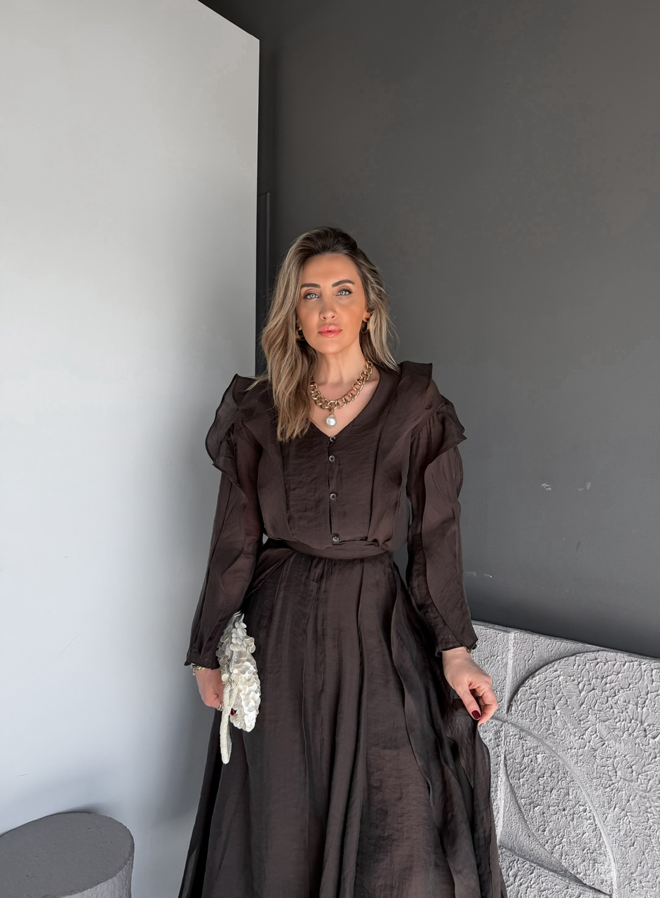 Kahve Volanlı Bluz Etek Takım