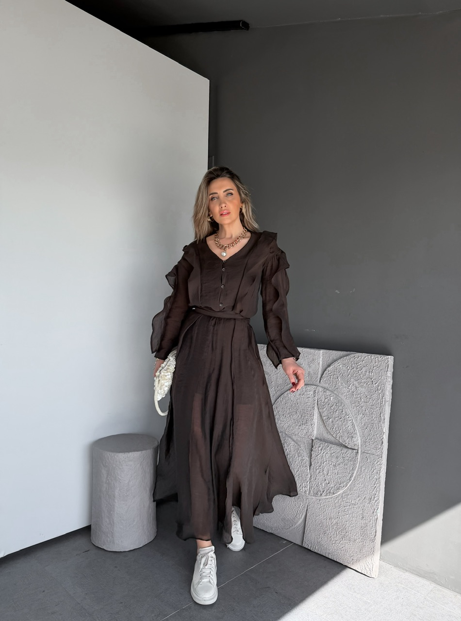 Kahve Volanlı Bluz Etek Takım