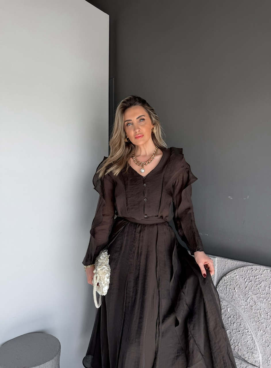 Kahve Volanlı Bluz Etek Takım