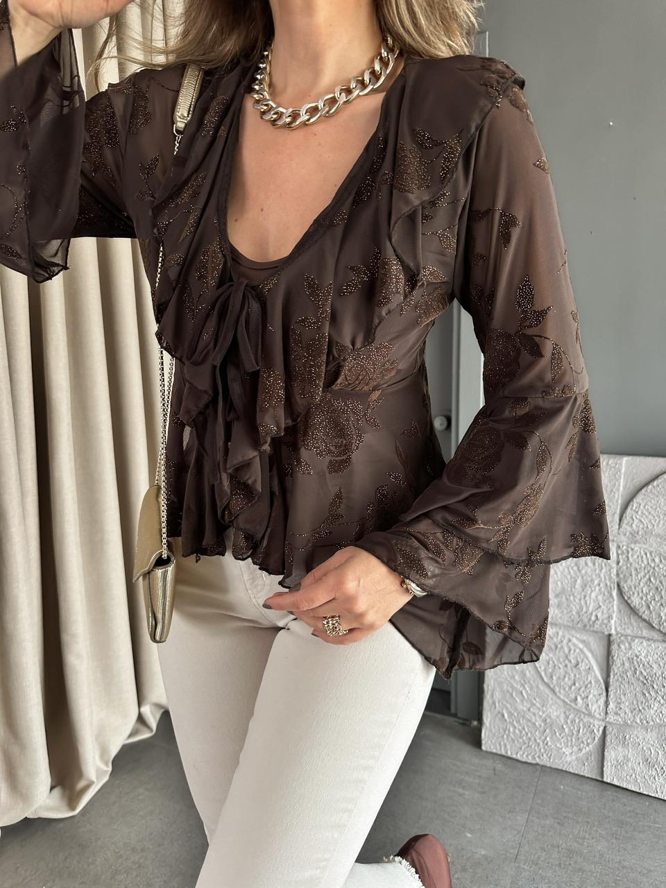 Kahve Volanlı Çiçek Baskılı Bluz