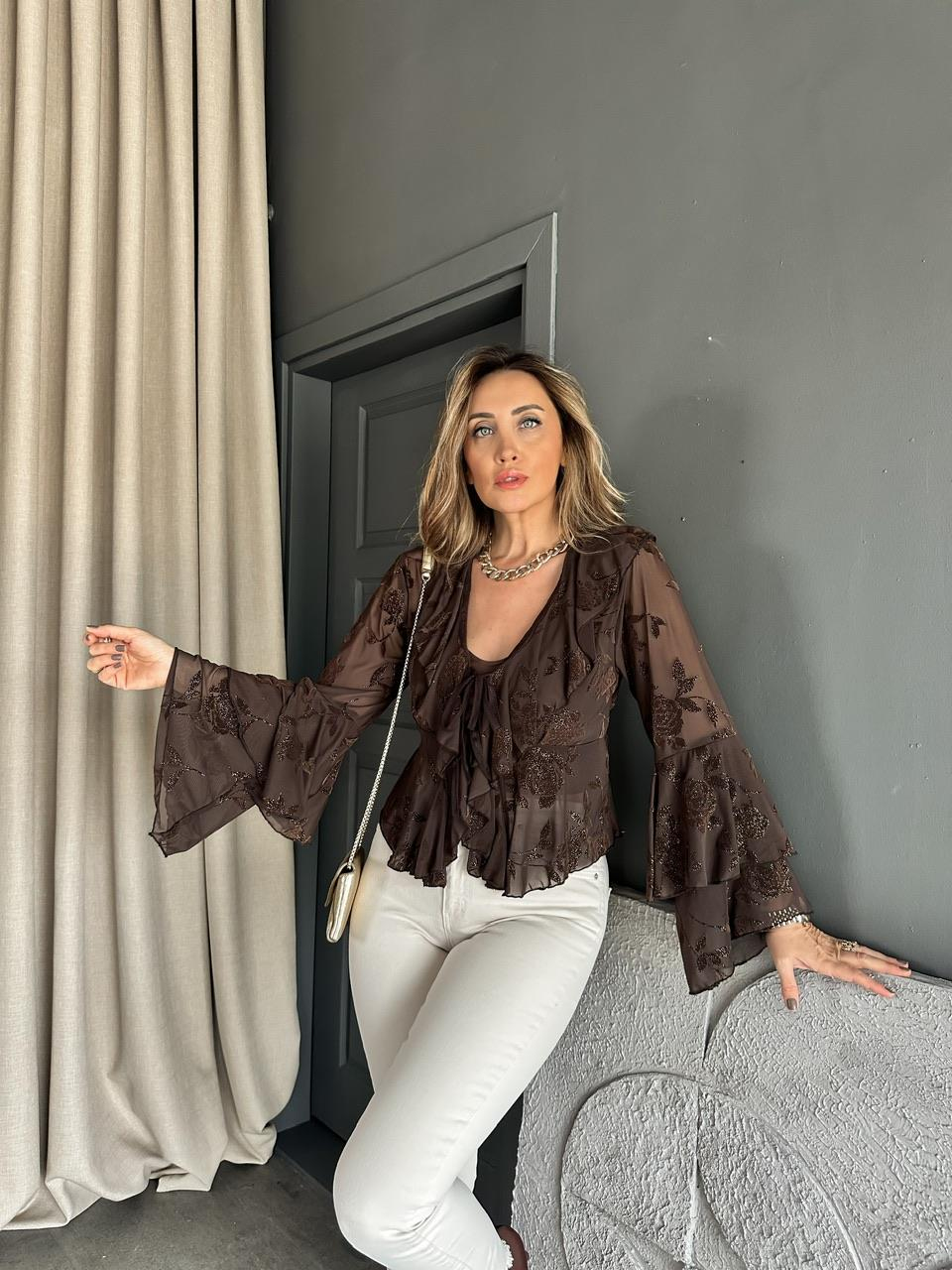Kahve Volanlı Çiçek Baskılı Bluz