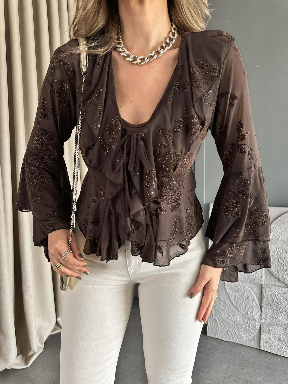 Kahve Volanlı Çiçek Baskılı Bluz