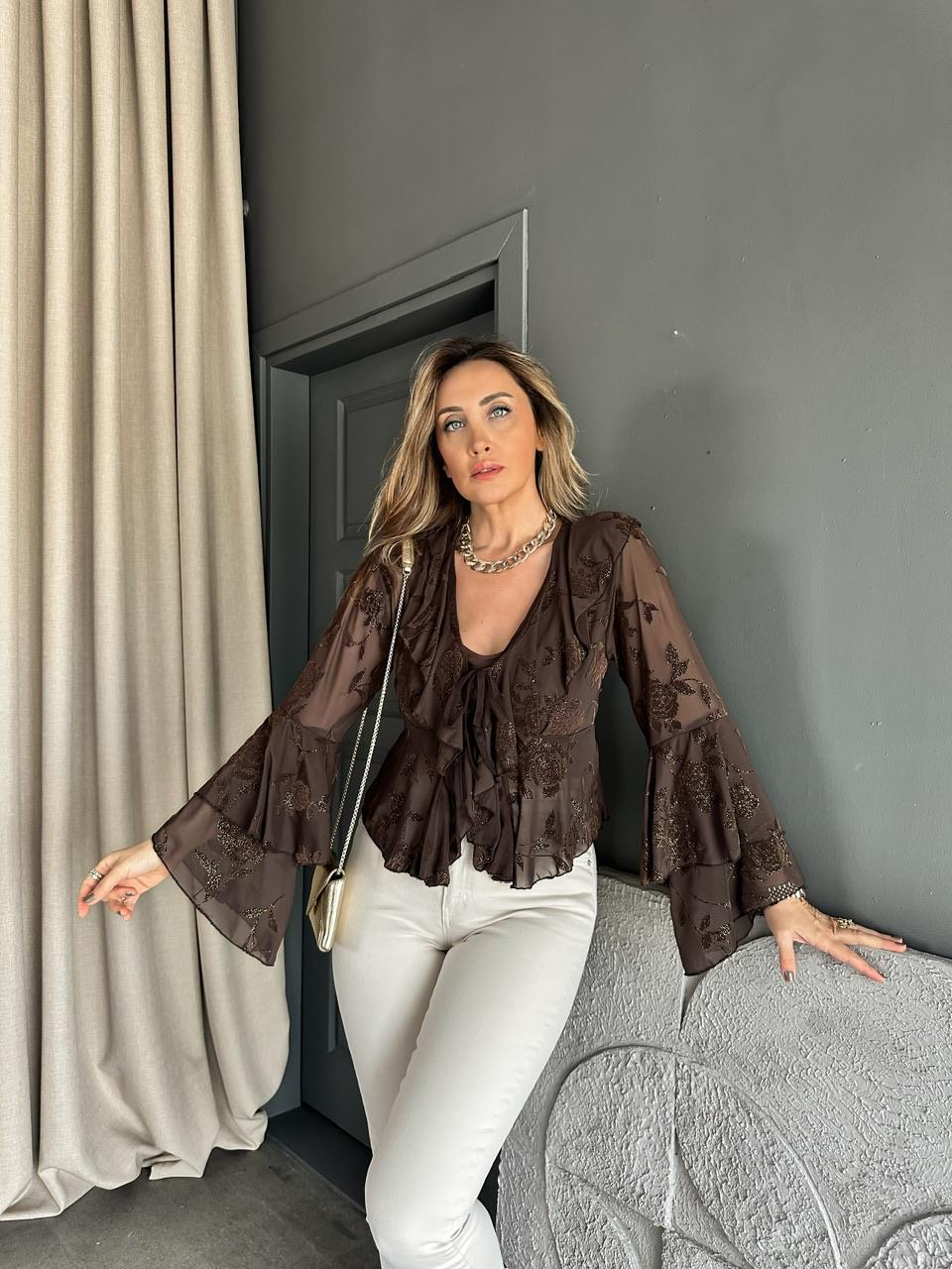 Kahve Volanlı Çiçek Baskılı Bluz