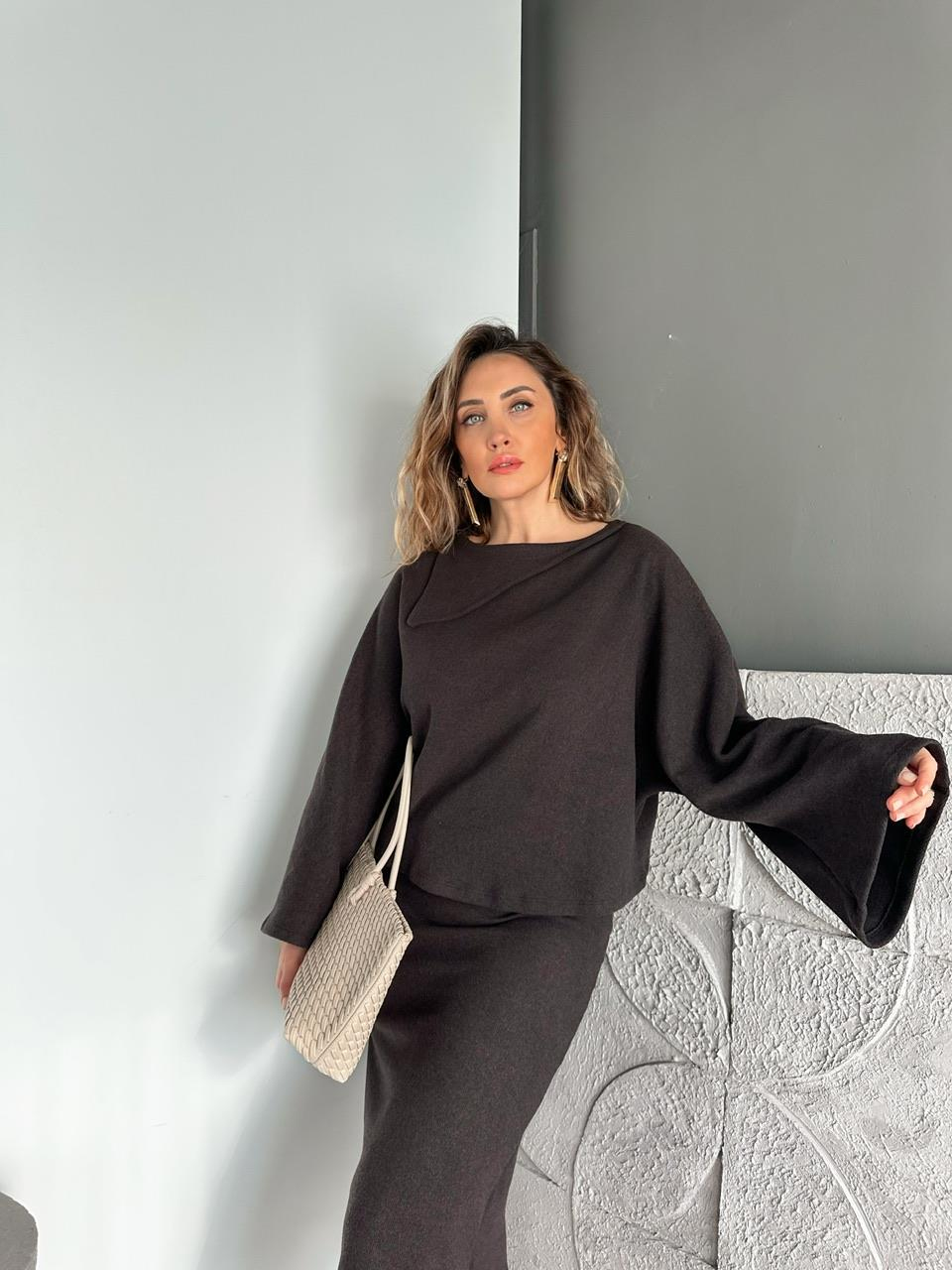 Kahve Yaka Detaylı Etekli Kaşkorse Takım