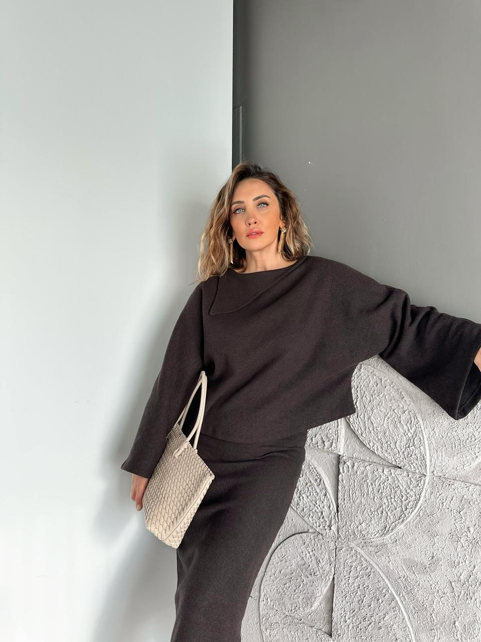 Kahve Yaka Detaylı Etekli Kaşkorse Takım