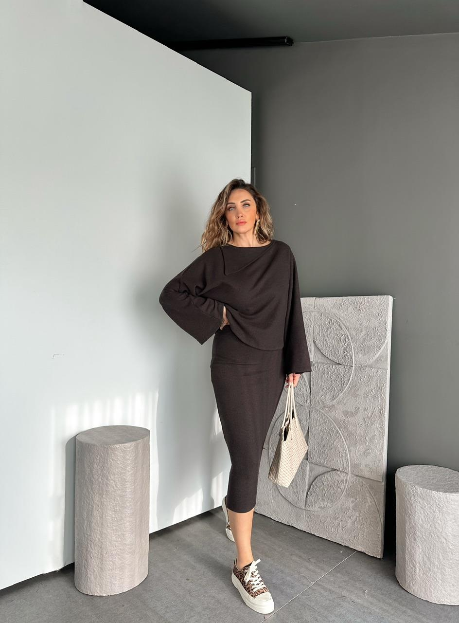 Kahve Yaka Detaylı Etekli Kaşkorse Takım