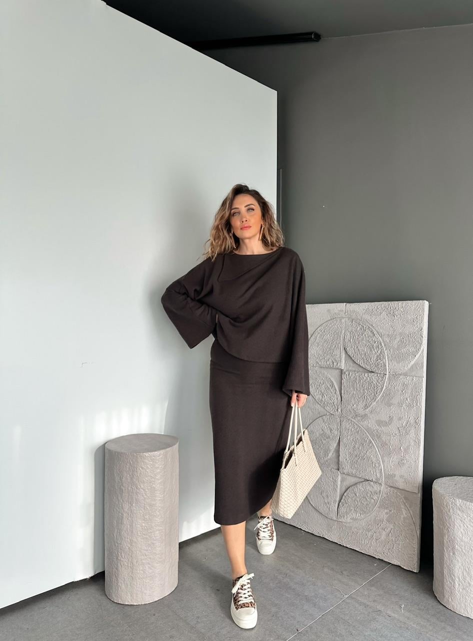 Kahve Yaka Detaylı Etekli Kaşkorse Takım