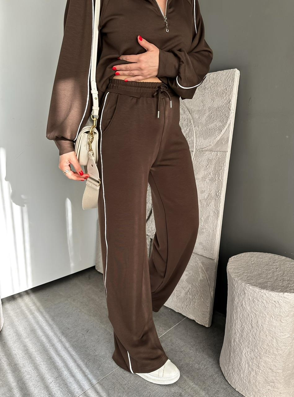Kahve Yakası Fermuarlı Biyeli Modal Takım