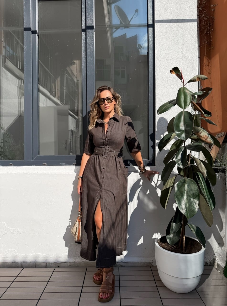 Kahve Yanları Cepli Kemerli Kot Elbise