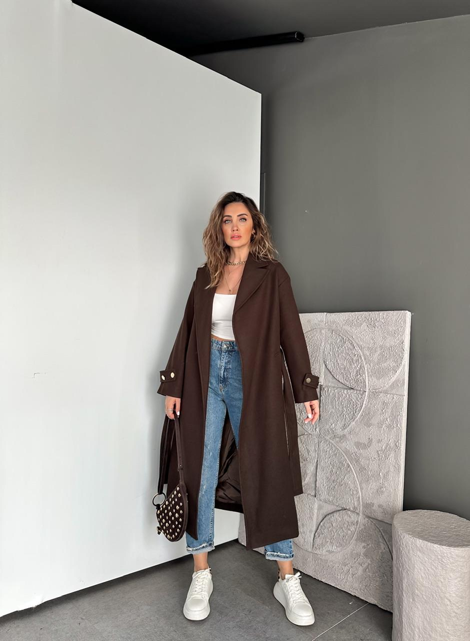 Kahve Yanları Gold Düğmeli Kaşe Kaban