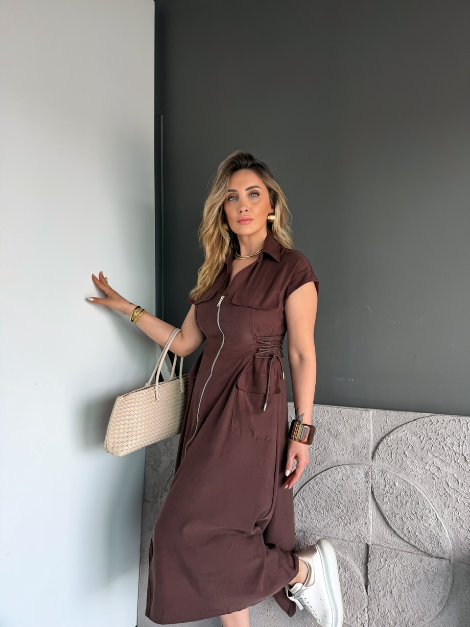 Kahve Yanları İpli Fermuarlı Elbise