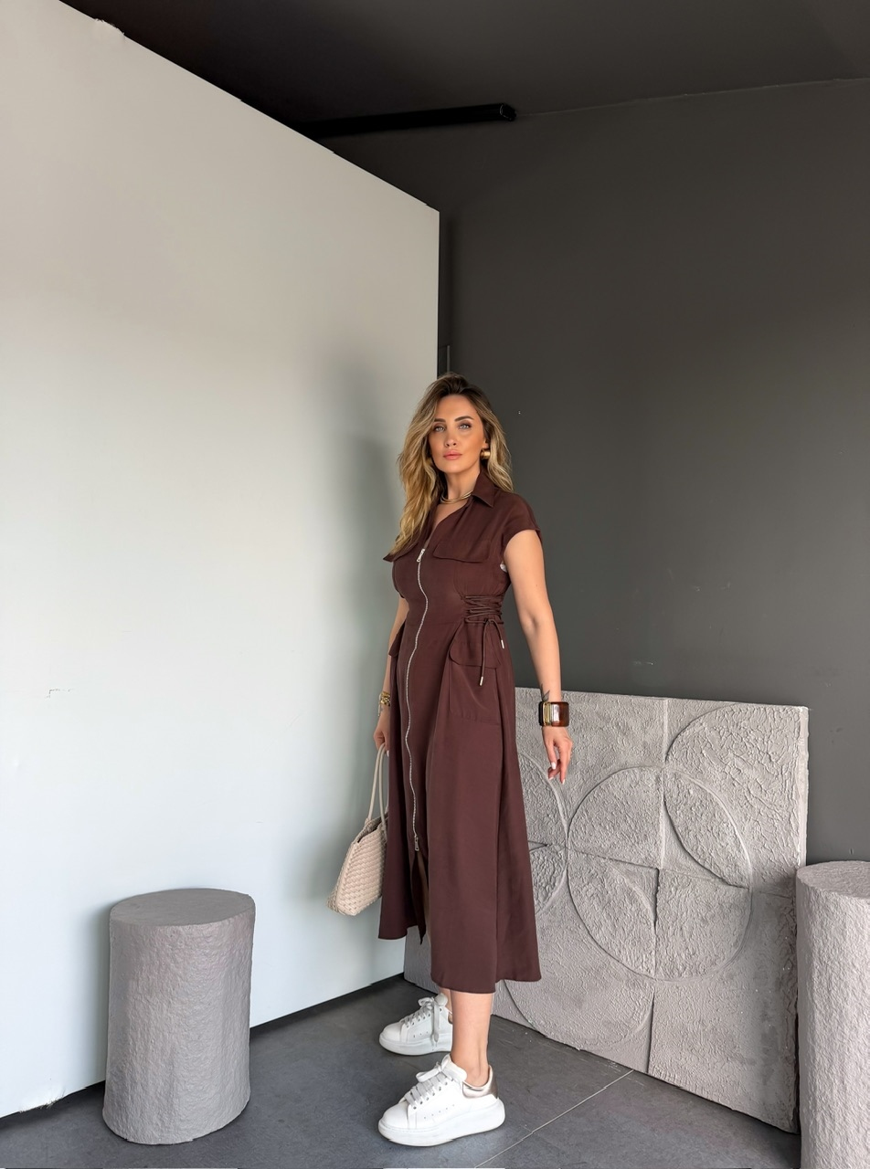 Kahve Yanları İpli Fermuarlı Elbise