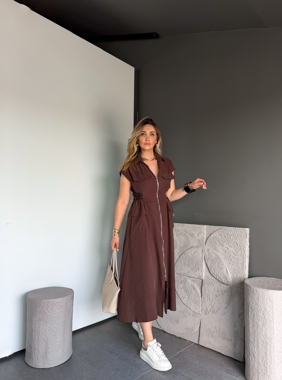 Kahve Yanları İpli Fermuarlı Elbise