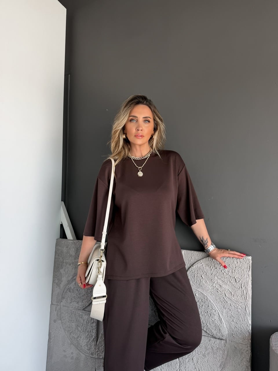 Kahve Yanları Yırtmaçlı Basic Modal Takım