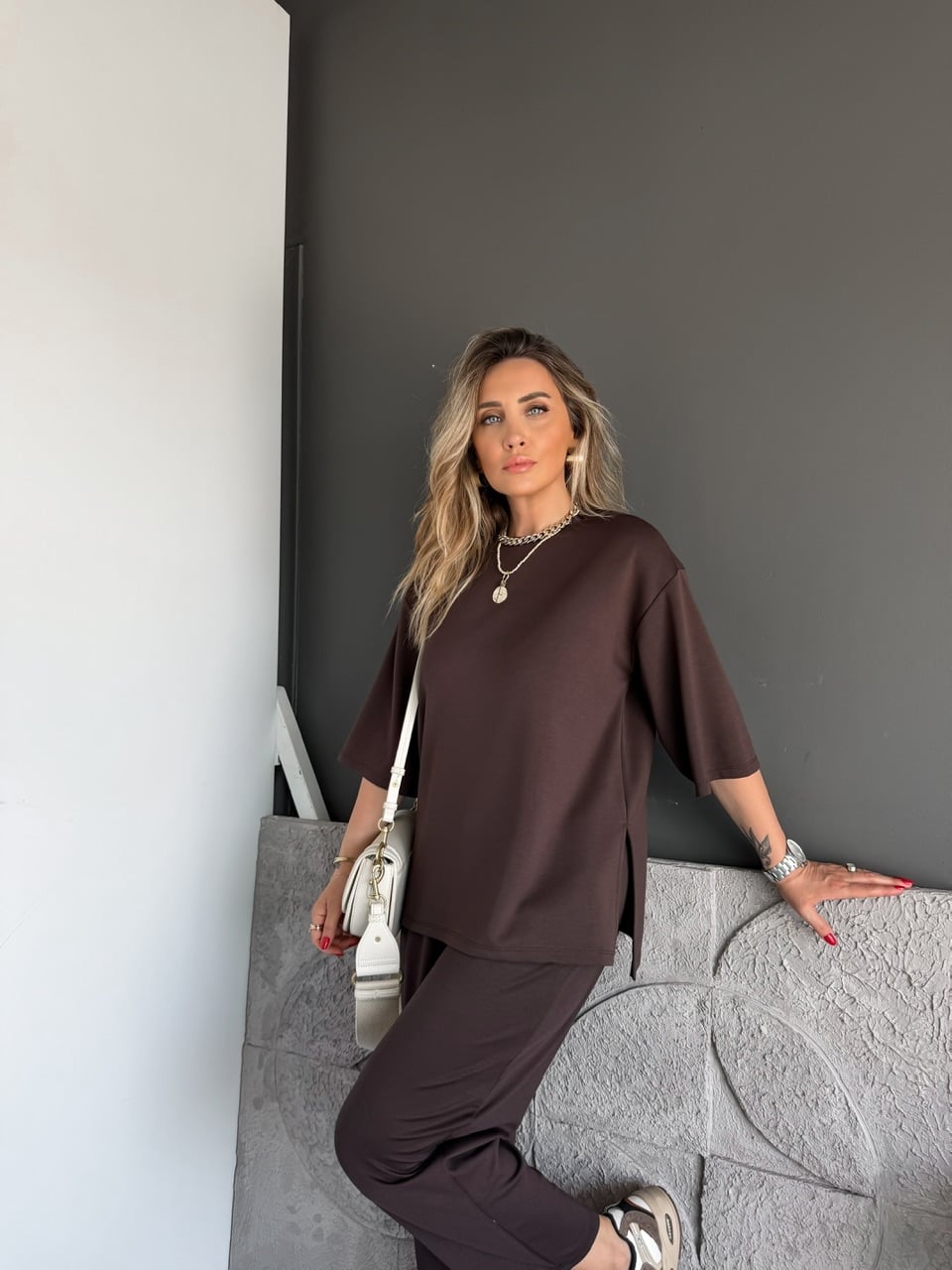 Kahve Yanları Yırtmaçlı Basic Modal Takım