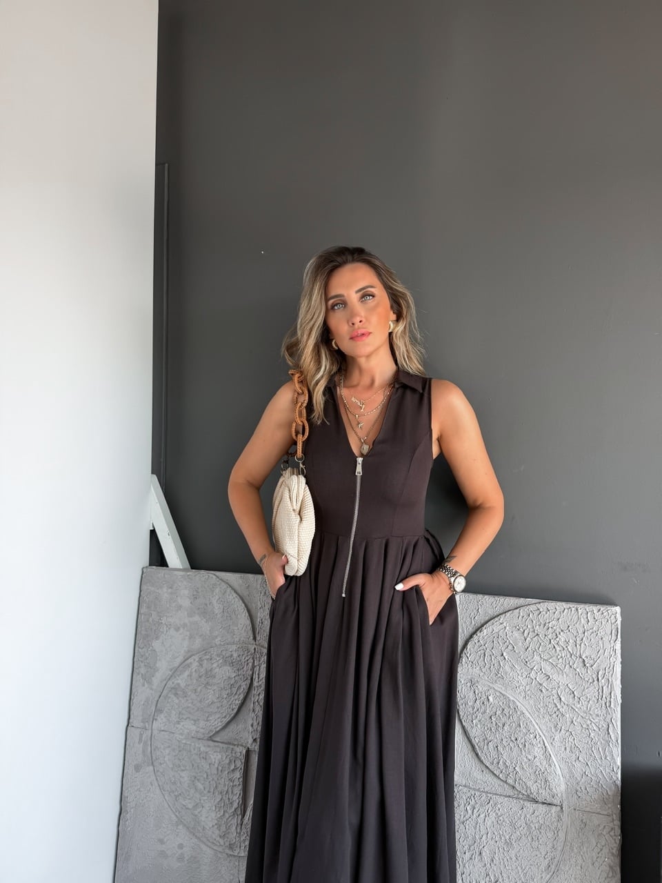 Kahve  Yarım Fermuarlı Kolsuz Keten Elbise