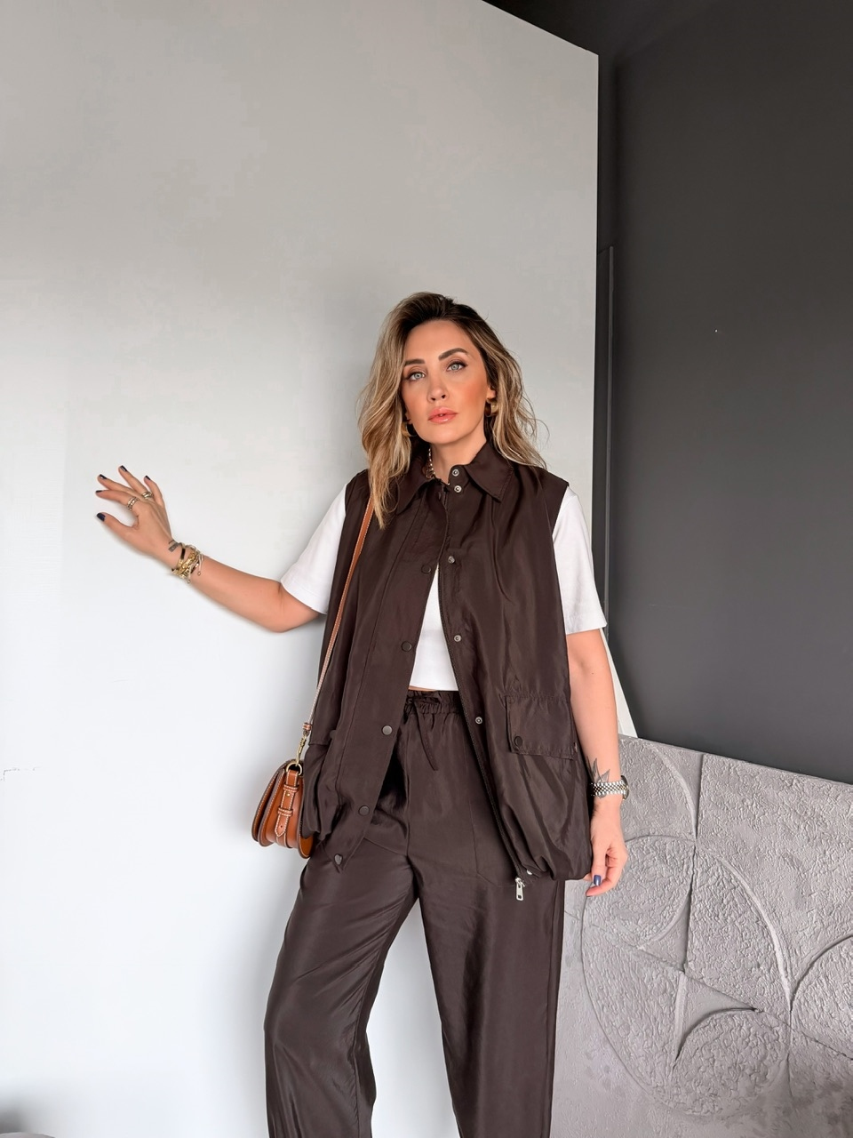 Kahve Yelek Pantolon Paçası Lastikli Takım