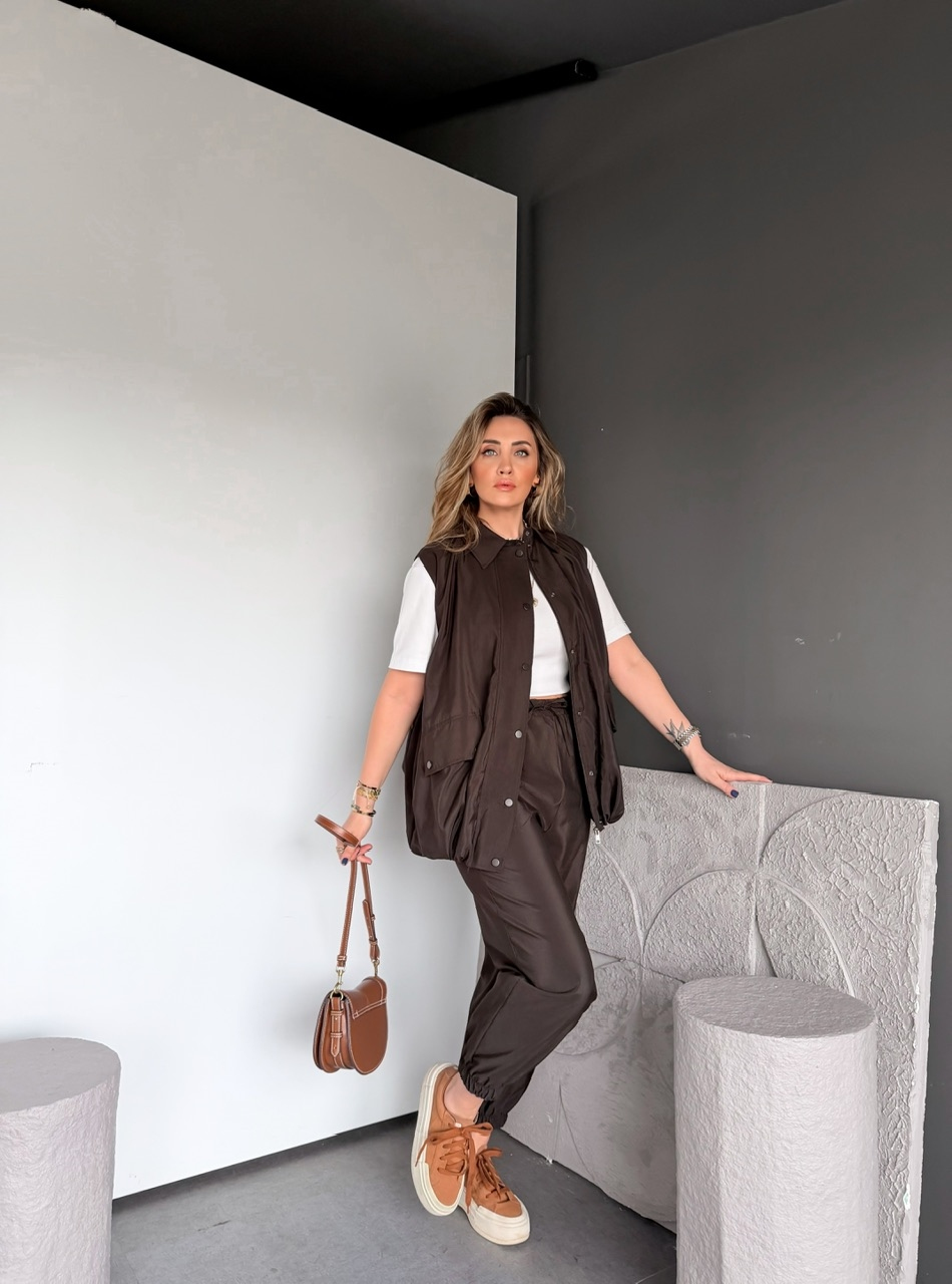 Kahve Yelek Pantolon Paçası Lastikli Takım