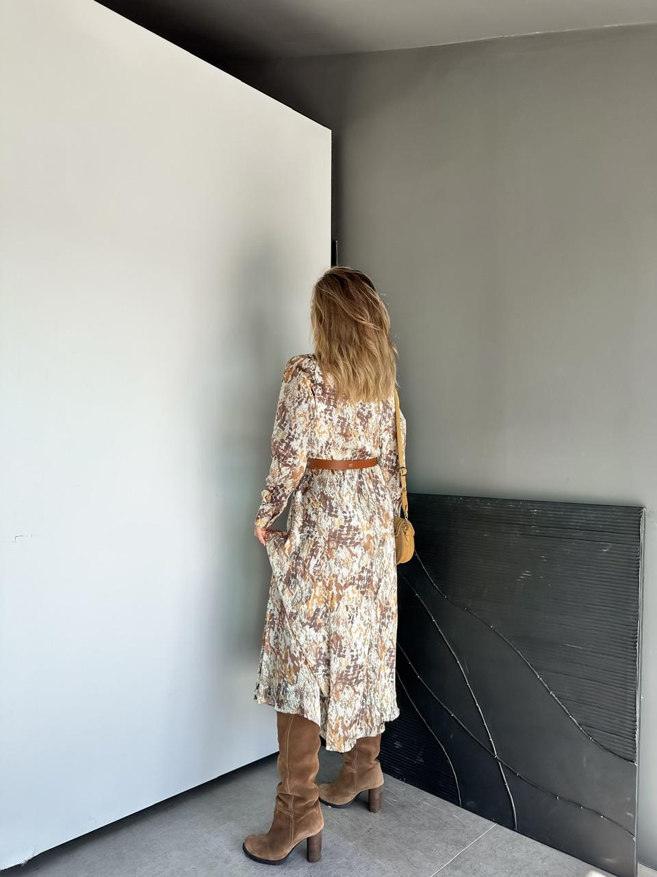 Kahve Yılan Desen Kemerli Saten Elbise