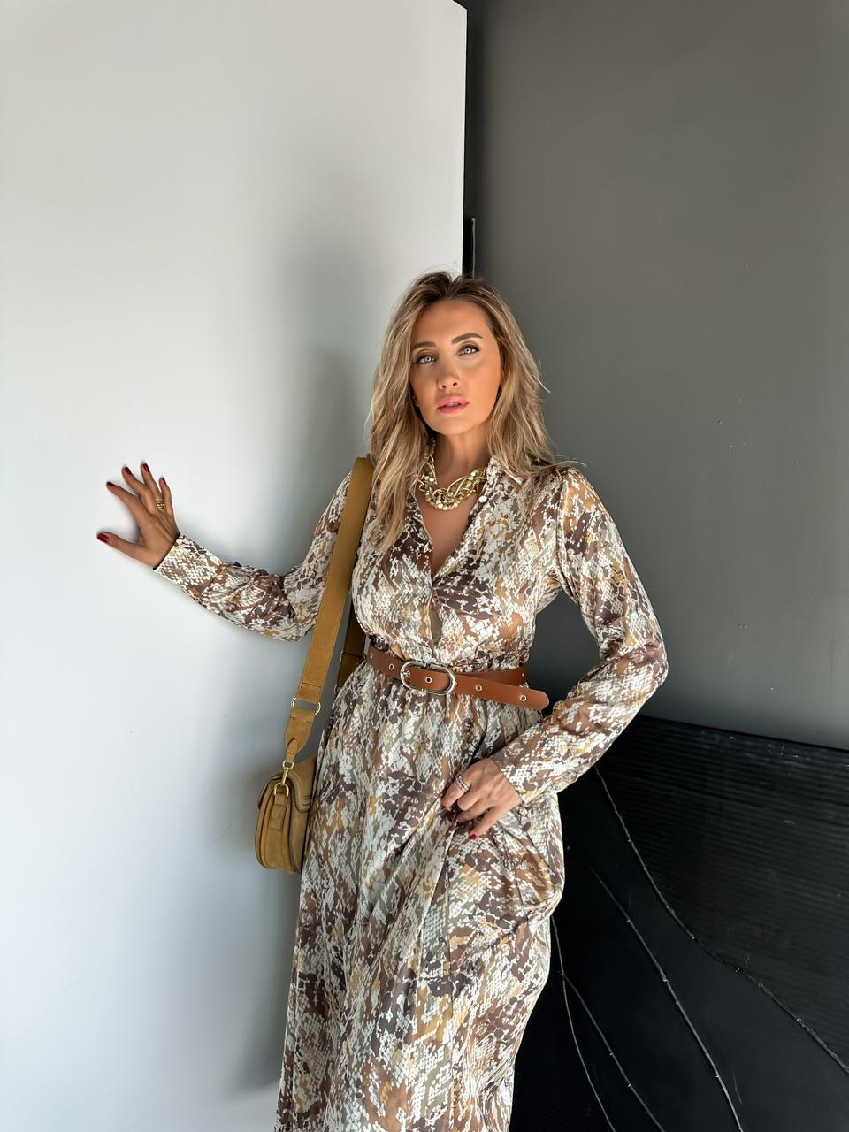 Kahve Yılan Desen Kemerli Saten Elbise