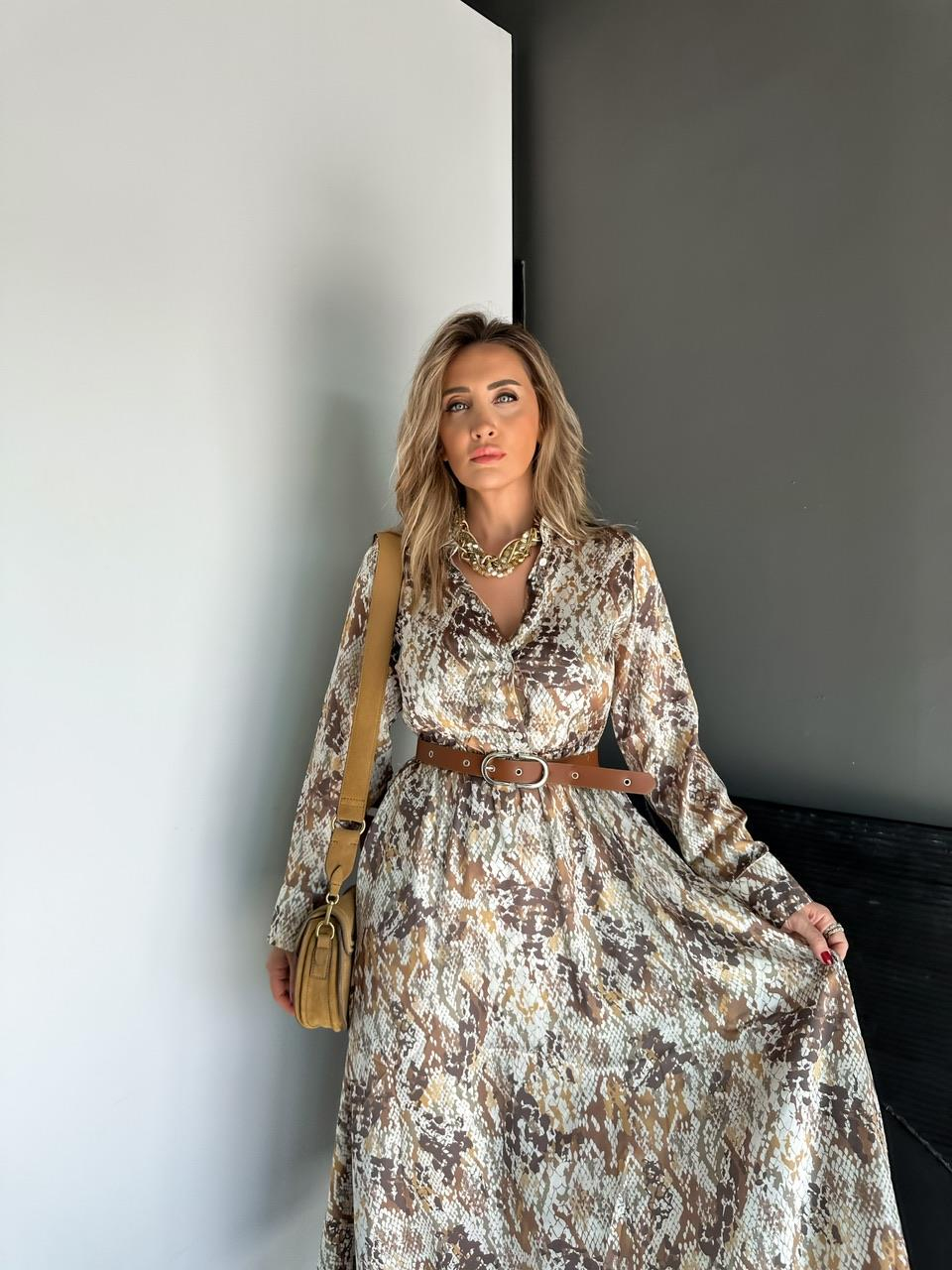 Kahve Yılan Desen Kemerli Saten Elbise