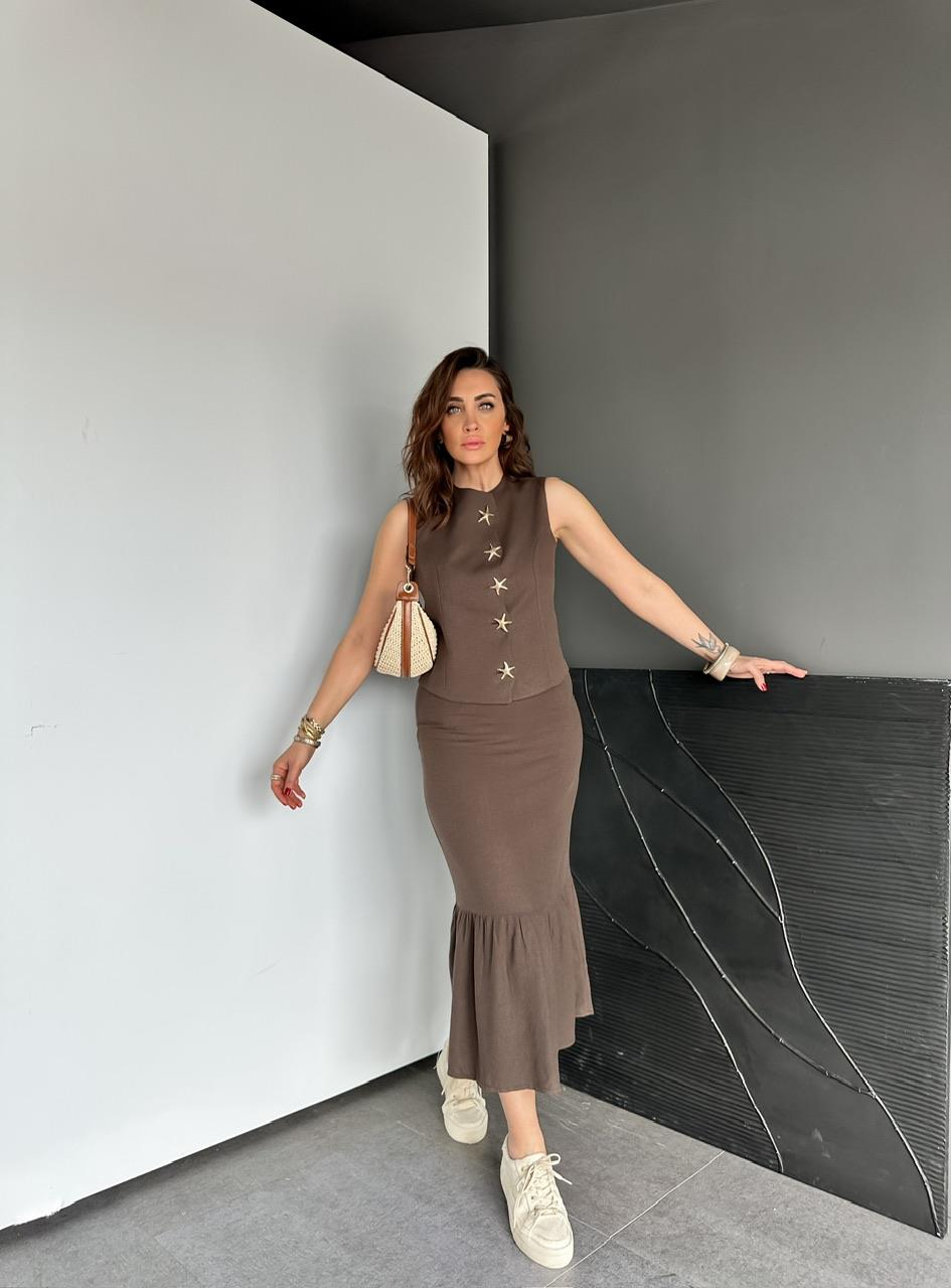 Kahve Yıldız Düğmeli Keten Takım