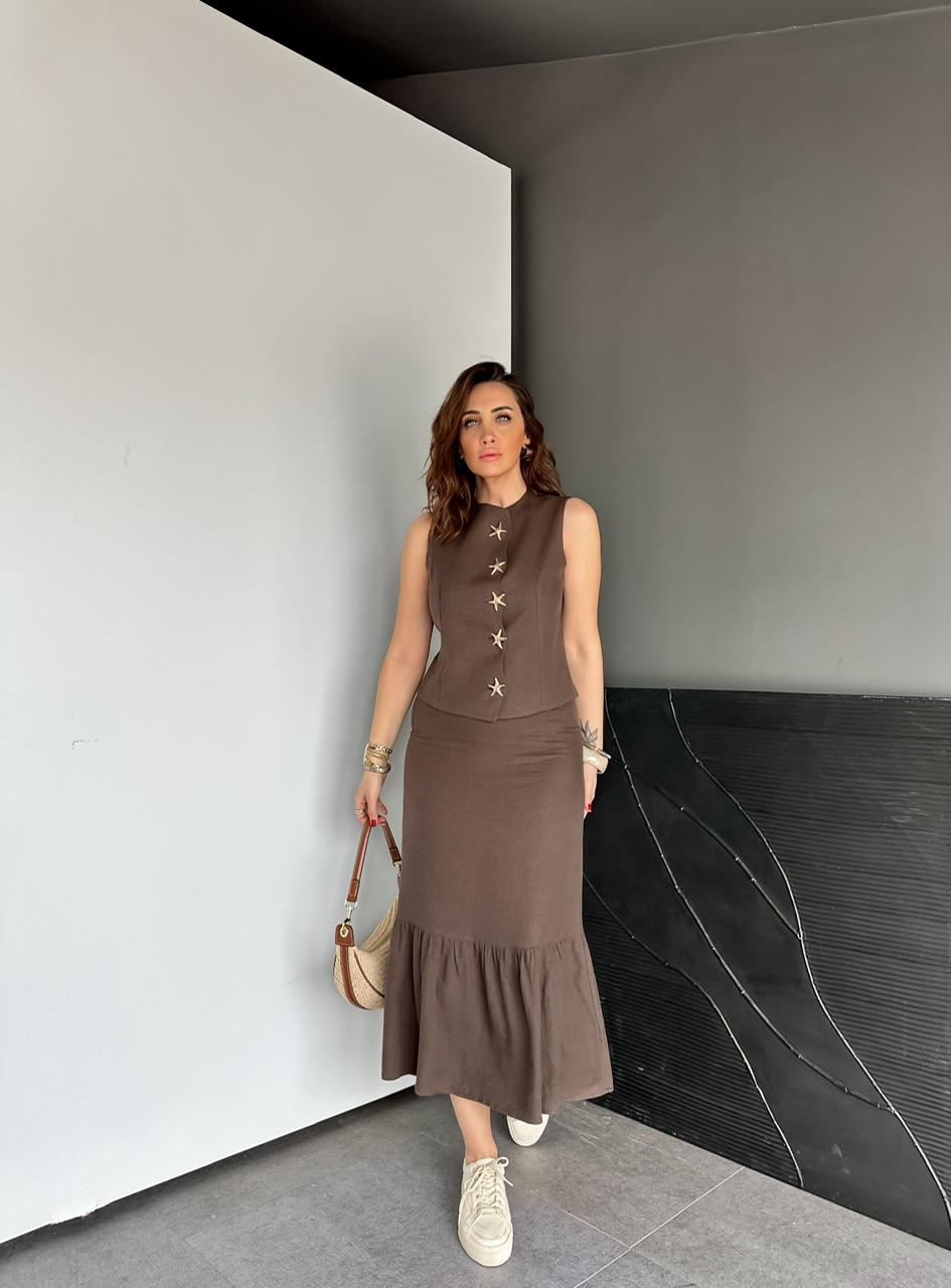 Kahve Yıldız Düğmeli Keten Takım