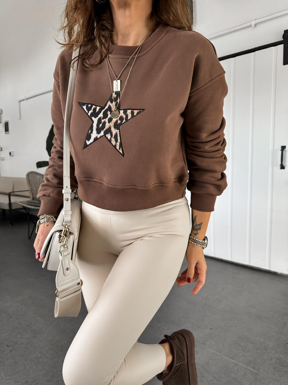 Kahve Yıldızlı Crop Sweatshirt