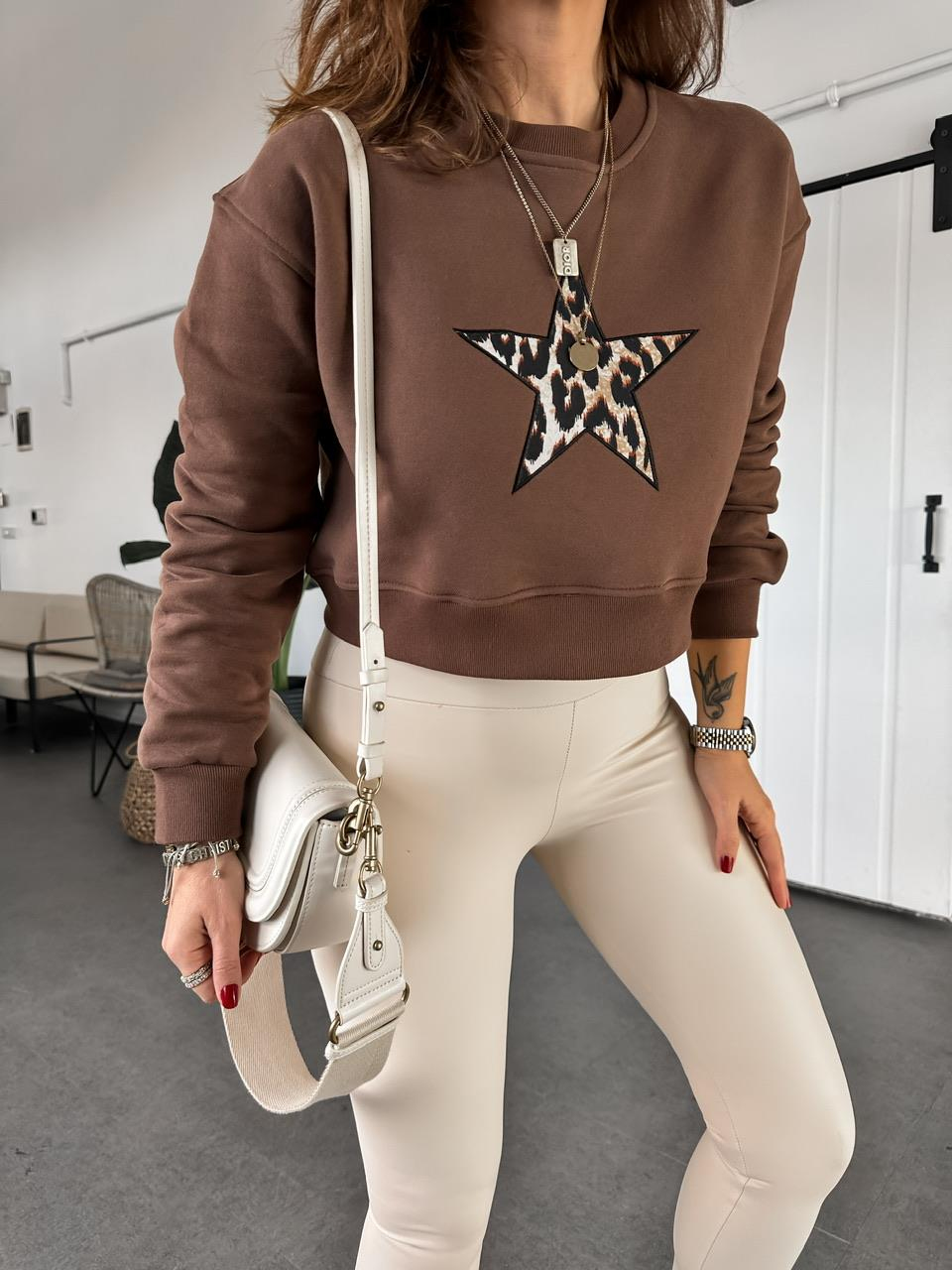 Kahve Yıldızlı Crop Sweatshirt